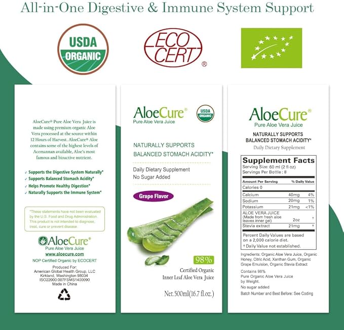AloeCure USDA Organic Aloe Vera Juice Grape Flavor, Made Within 12 Hours of Harvest - Pure Aloe Vera Digestive & Immune Health Supplement, Helps Maintain Balanced Stomach Acidity, 16.7oz x 12 Btls