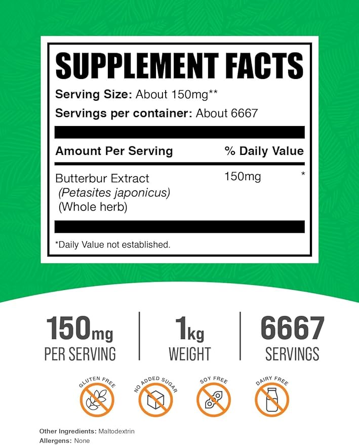 BulkSupplements.com Butterbur Extract Powder - Butterbur Supplements, Antioxidants Supplement - Vegan & Gluten Free, 150mg per Serving, 1kg (2.2 lbs) (Pack of 1)
