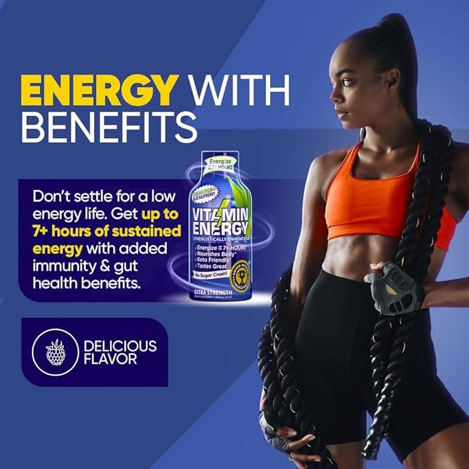 Vitamin Energy Immune+ Extra Strength Energy Shot Blue Raspberry 48 Pack, 260mg Natural Caffeine, B-Vitamins, Citicoline, Green Tea, Immunity & Focus Support, Zero Sugar, Gluten-Free 1.93 fl oz