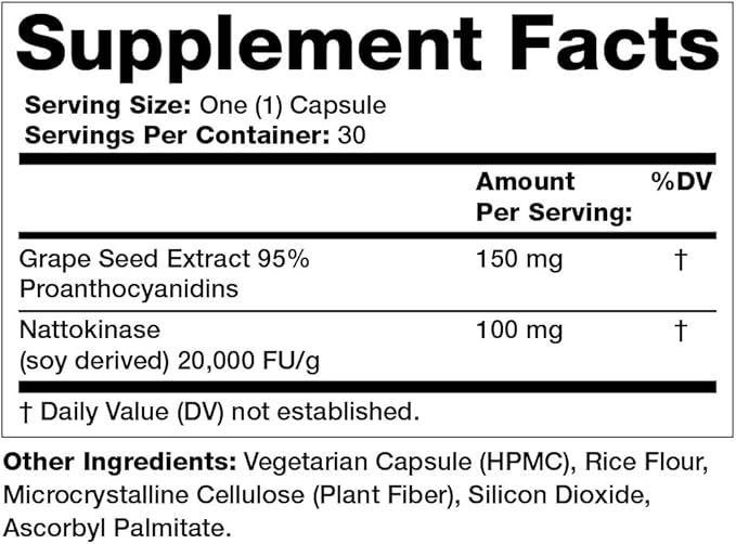 Olympian Labs Nattokinase Complex with Grape Seed Extract Herbal Supplements, Superior Heart Health Support - 30 Daily Capsules
