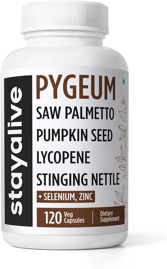 STAY ALIVE Pygeum Africanum Supplement, 7-in-1 Extract w/Saw Palmetto, Pumpkin Seed, Stinging Nettle and Lycopene, 120 Vegan Capsules, Non-GMO and Gluten-Free Pygeum Supplement for Men and Women