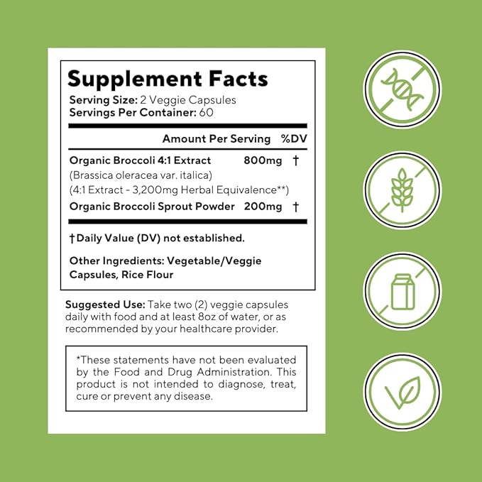 Organic Broccoli Sprout & Broccoli Extract for Sulforaphane, Antioxidant, Brain, Skin, Heart Health Support - 120 Veggie Capsules - Non-GMO, Gluten-Free, Vegan-Friendly Supplement