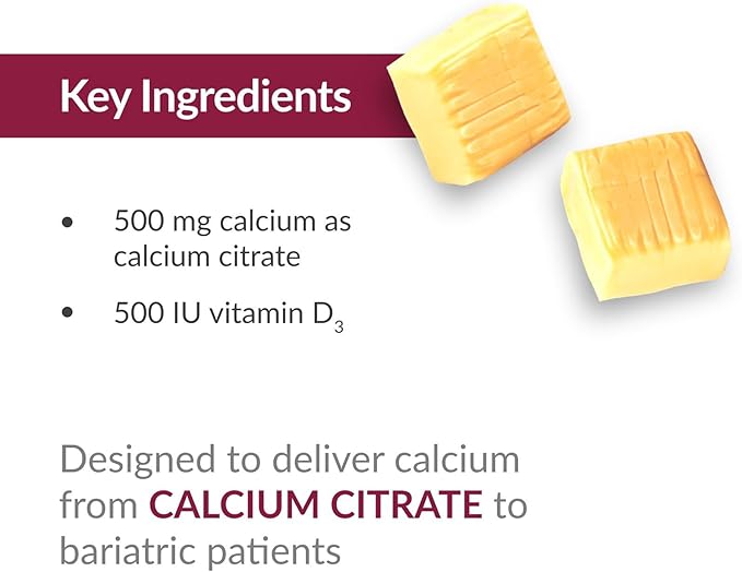 Bariatric Advantage Calcium Citrate Chewy Bites 500 mg - Highly Absorbable & Digestible - Vitamin D3 - Easily Chewable Calcium Supplement - Lemon Flavor - 90 Count