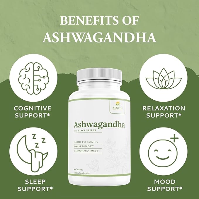 Ashwagandha 1300mg w/Black Pepper Extract, Stress & Coritsol Support, Immune Support Supplement, 60 ct