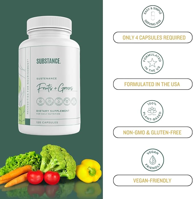 SUBSTANCE. - Nature's Sustenance Daily Greens, Daily Fruit and Veggies Supplement - Enhance Energy, Mental Clarity - Fruits and Vegetables Supplements - US Made, Vegan-Friendly - 30 Servings.