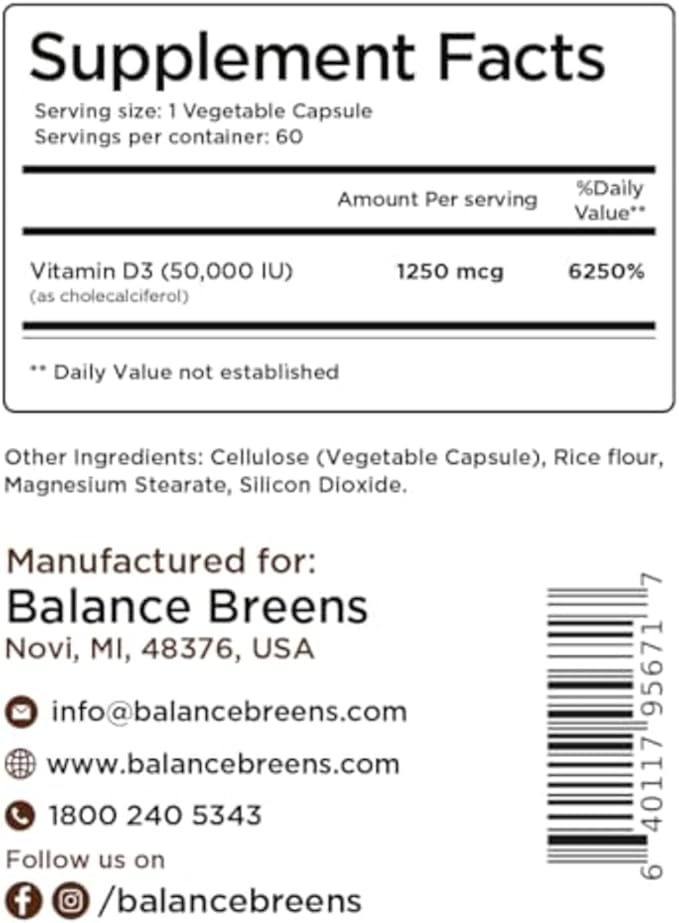 Balancebreens Vitamin D3 50,000 IU, 60 Veggie Capsules - High Potency, Supports Immune & Bone Health - Weekly Once (Pack of 12)