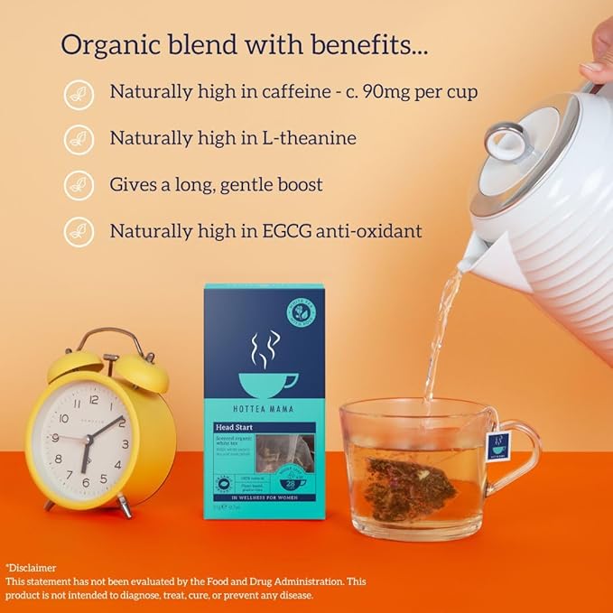 HOTTEA MAMA | Head Start | Organic White Tea & Rose Herbal Blend | Slow Release Caffeine L-Theanine | For Alertness & Brain Fog | 14 Whole Leaf Biodegradable Tea Bags (28 Cups)