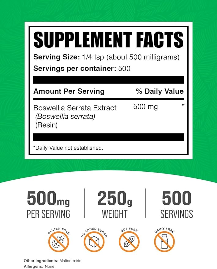 BulkSupplements.com Boswellia Serrata Extract Powder - Boswellia Supplement, from Frankincense Resin - Vegan & Gluten Free, 500mg per Serving, 250g (8.8 oz) (Pack of 1)