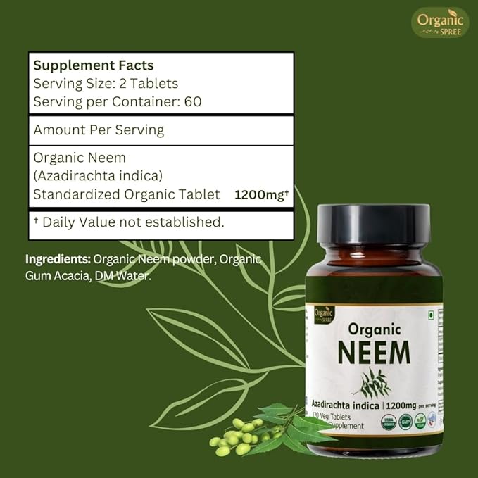 Neem 120 Tablets | Azadirachta Indica (Neem) | USDA Organic Certified | Healthy Skin and Detox | Dietary Supplement 120tab - Pack of 3