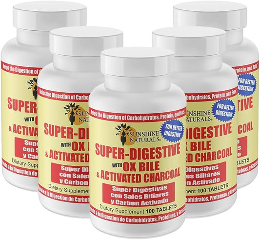 Super Digestive Supplement. Ox Bile & Activated Charcoal for Digestive Support, Bloating Relief, Gut Cleanse, Nutrient Absorption, and Overall Wellness. 100 Tablets. Pack of 5
