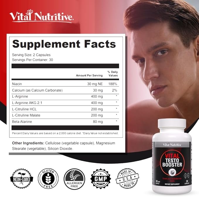 Vital Testo Booster - Natural Testosterone Support Supplement for Men | Promotes Energy, Stamina, and Vitality | Men’s Health | Made in USA | 30 Days Supply