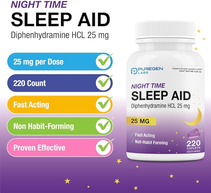 Puregen Labs Sleep Aid Caplets, Diphenhydramine HCl 25mg - 220 Count | Supports Deeper, Restful Sleeping, Non Habit-Forming | Made in USA