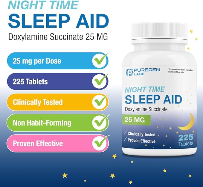 Puregen Labs Doxylamine Succinate 25mg | Nighttime Sleep Aid | Safe & Effective | Non-Habit Forming Sleep Aid | Made in USA | 225 Tablets
