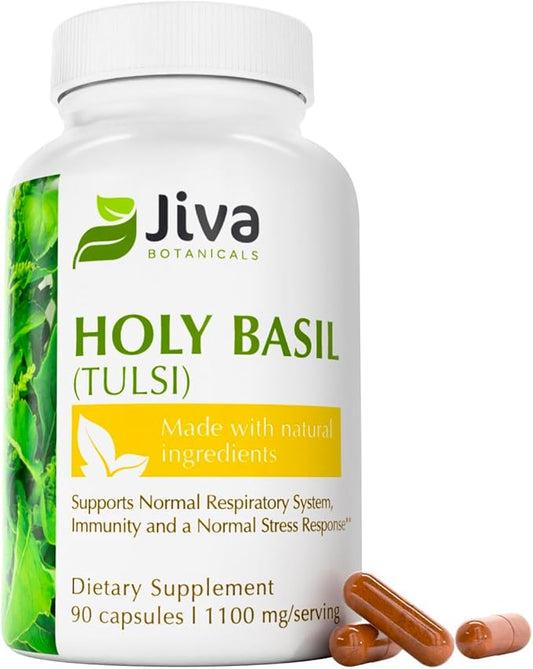 Jiva Botanicals Holy Basil Capsules - Premium Holy Basil Extract with Tulsi Powder - Ayurvedic Herb Alternative to Tincture -90 Vegan Capsules