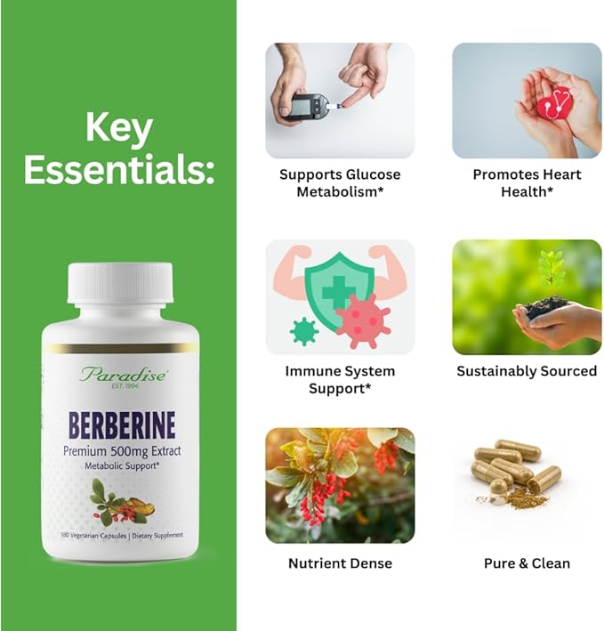 Paradise Herbs, Berberine Extract, 500 mg, Pure & Potent Berberine Supplement, Vegan, Non-GMO, Gluten Free, 180 Vegetarian Capsules