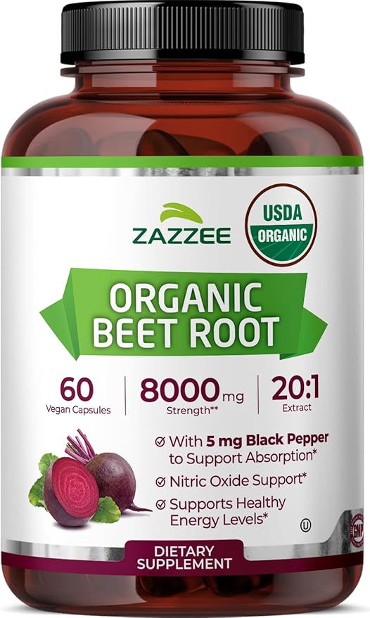 Zazzee USDA Organic Beet Root 8000 mg Strength 20:1 Extract, 60 Vegan Quick Release Capsules, Black Pepper Extract for Enhanced Absorption, Supports Nitric Oxide Production, Non-GMO, Made in The USA
