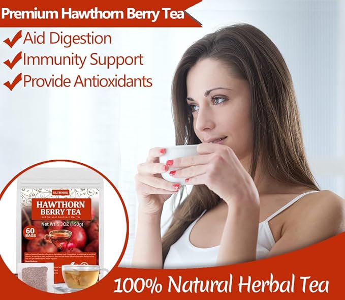 Premium 60 Hawthorn Berry Tea Bags, Made with 100% Natural Hawthorn Berries, Aid Digestion & Provide Antioxidants, No Additives & Caffeine Free.