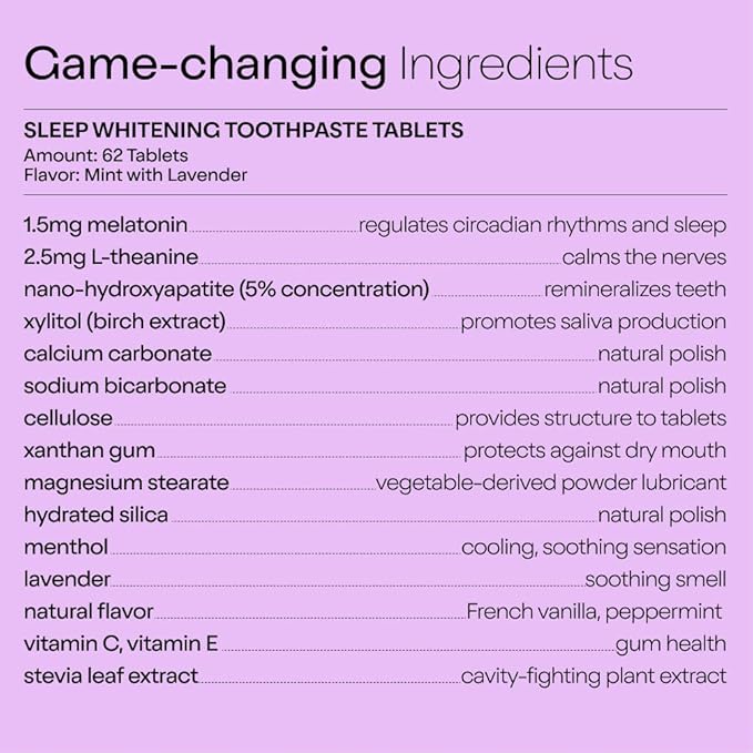Duo Sleep Toothpaste Tablets | Melatonin w/Nano-Hydroxyapatite (nHa) - Whitening, Remineralize & Reduce Sensitivity | Sustainable & Plastic Free | Mint w/Lavender - 1 Bottle/62 Tablets