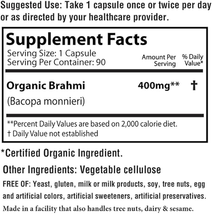 Brahmi Bacopa Herbal Supplements 400mg Capsules, USDA Organic, Kosher - 90 Count