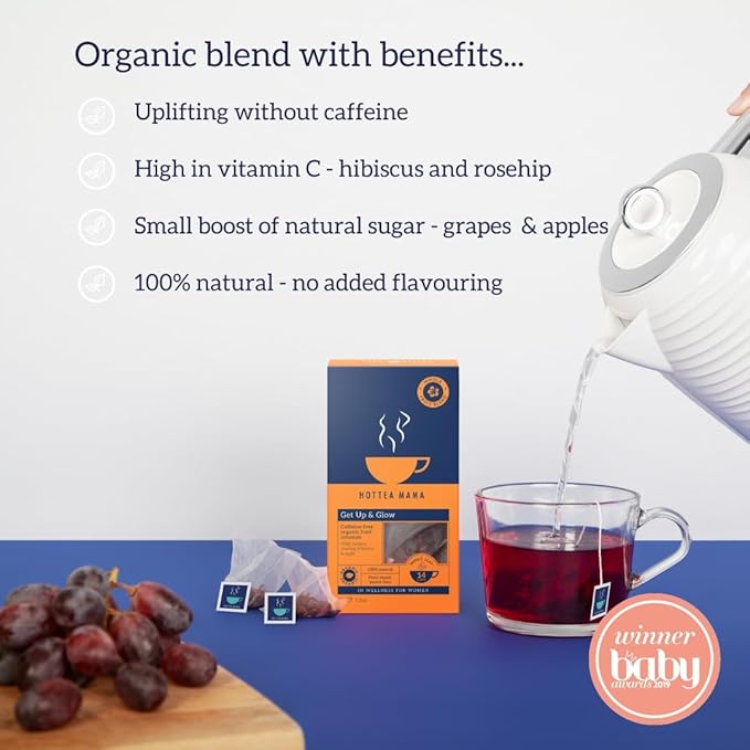 HOTTEA MAMA | Get Up & Glow | Organic Hibiscus Fruit Blend | Caffeine-Free | Antioxidant, Vitamin C | 14 Whole Leaf Biodegradable Tea Bags