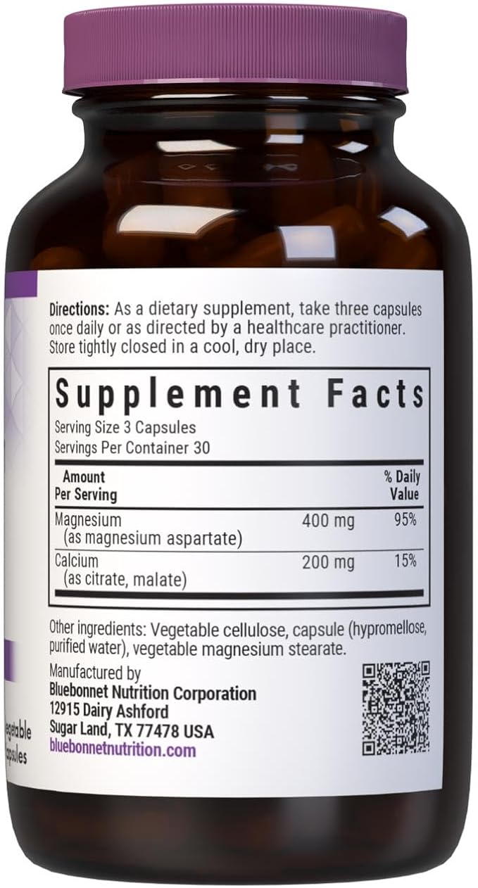Bluebonnet Nutrition Magnesium & Calcium 2:1 Ratio, Bone Health*, Non-GMO, Vegan, Kosher Certified, Gluten-Free, Soy-Free, Dairy-Free, 90 Vegetable Capsules, 30 Servings