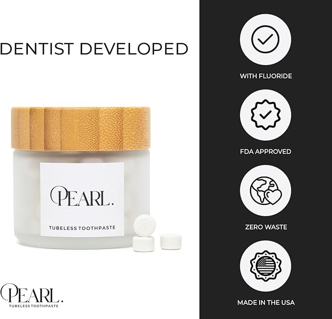 Pearl Fluoride Mint Toothpaste Tablets | Natural Whitening | Sensitivity Relief | Dentist Developed | TSA Approved | Plastic-Free | Reusable Packaging | 186 Tablets | 3 Refill Pouches