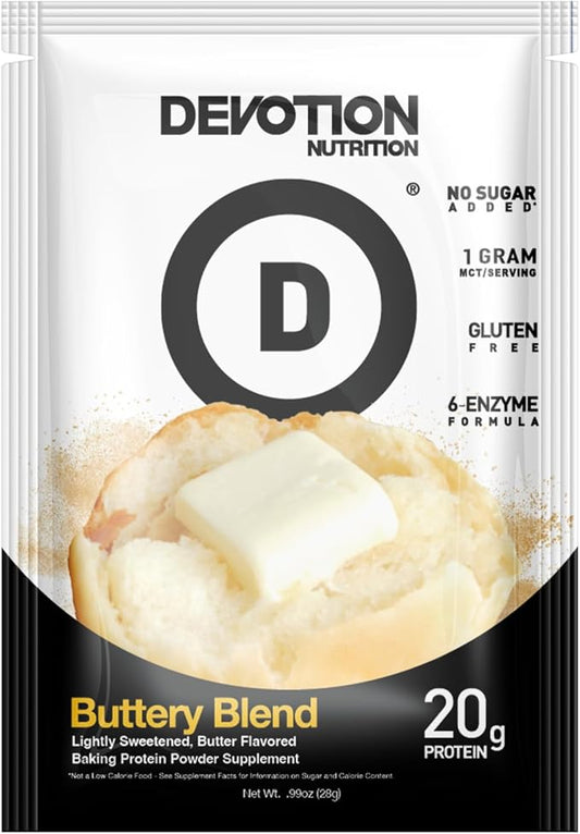 Devotion Nutrition Protein Powder Blend | Gluten Free, Keto Friendly, No Added Sugars | 1g MCT | 20g Whey & Micellar Protein | 12 Single Serving Packets (Buttery Blend)