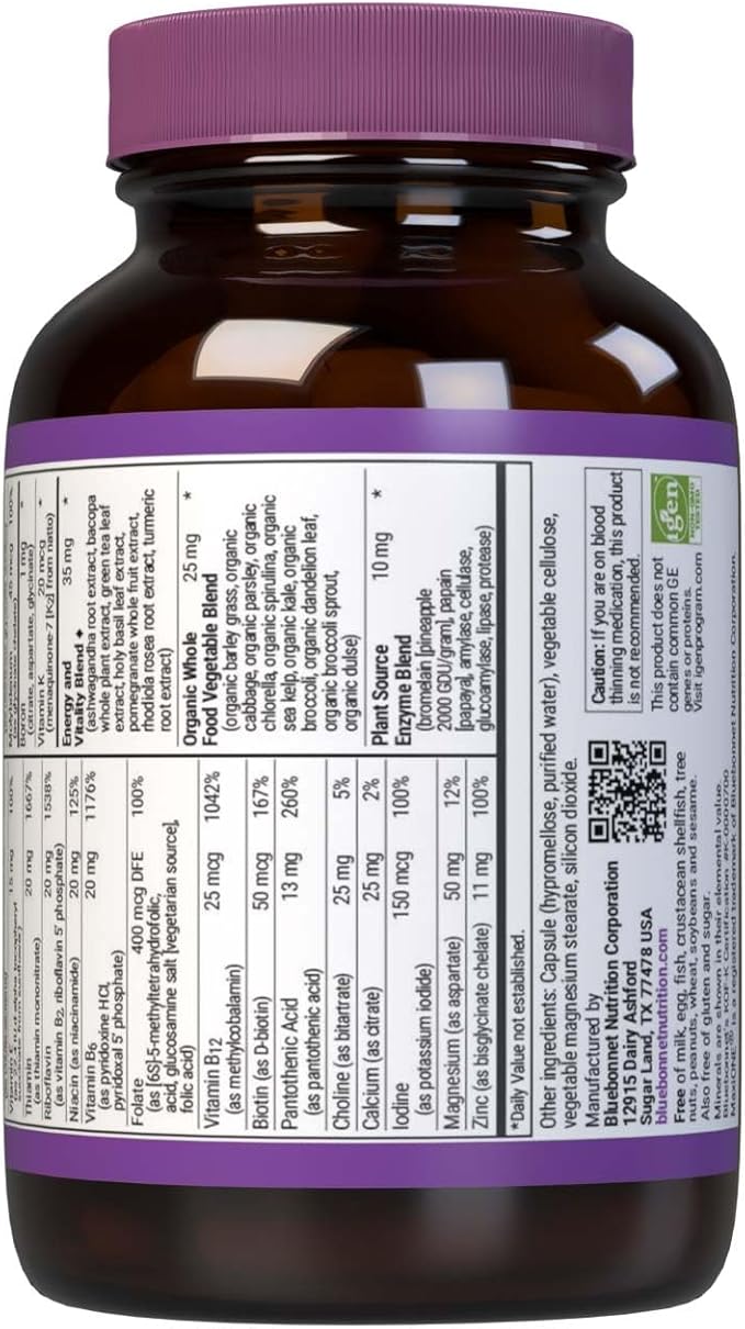 Bluebonnet Nutrition Maxi One Whole Food Multiple, Enzymes, Energy, Vitality, Gluten, Kosher, Soy & Dairy-Free, Vegetarian Friendly, Non-GMO, 30 Count