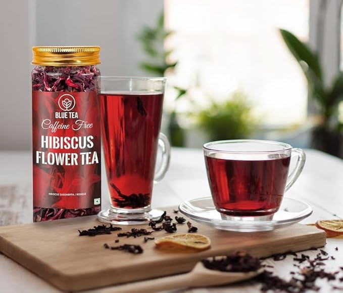 BLUE TEA - Hibiscus Tea - 1.76 Oz (50+ Cups) Loose | SKIN GLOW ENHANCING TEA | Herbal Tea - Flower Based - Non-Bitter - Caffeine Free - Tangy Flavour - Vitamin-C Rich | Pet Jar Pack