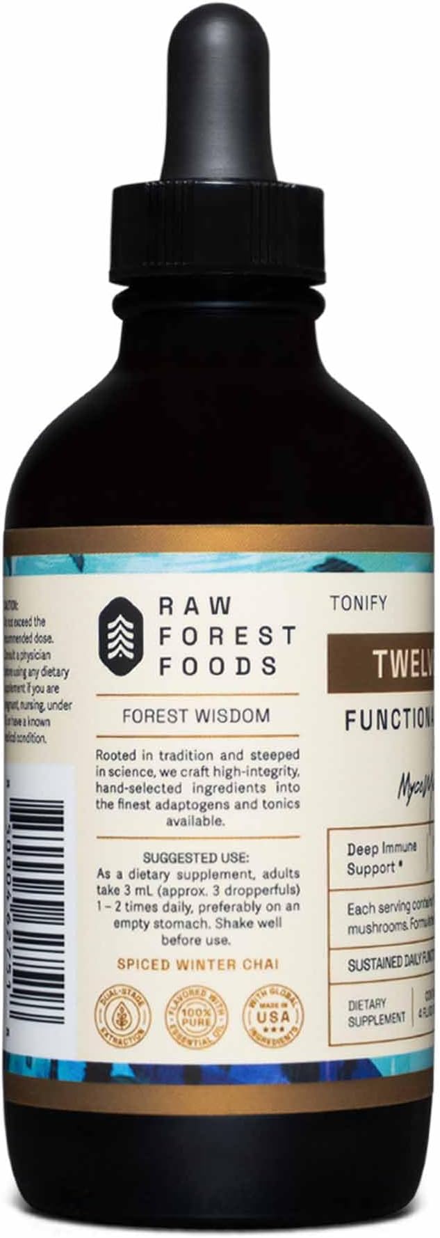 Twelve Rivers Functional Mushroom MycoMedic Elixir Tincture – 1:2 True Dual-Stage Extraction – Spiced Winter Chai – 4 Fluid Ounce Bottle
