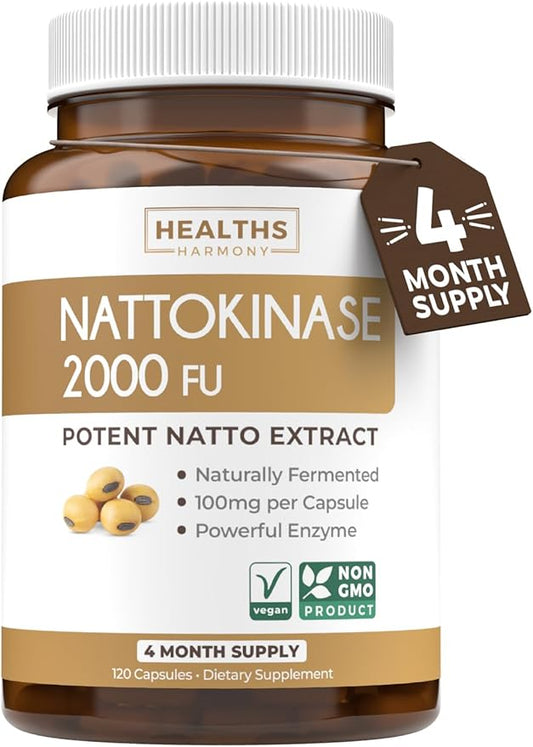 Healths Harmony Nattokinase 2000 FU (Non-GMO) Powerful Nattokinase Supplement Made from Naturally Fermented Soybeans - (4 Month Supply) 120 Vegan Natto Capsules