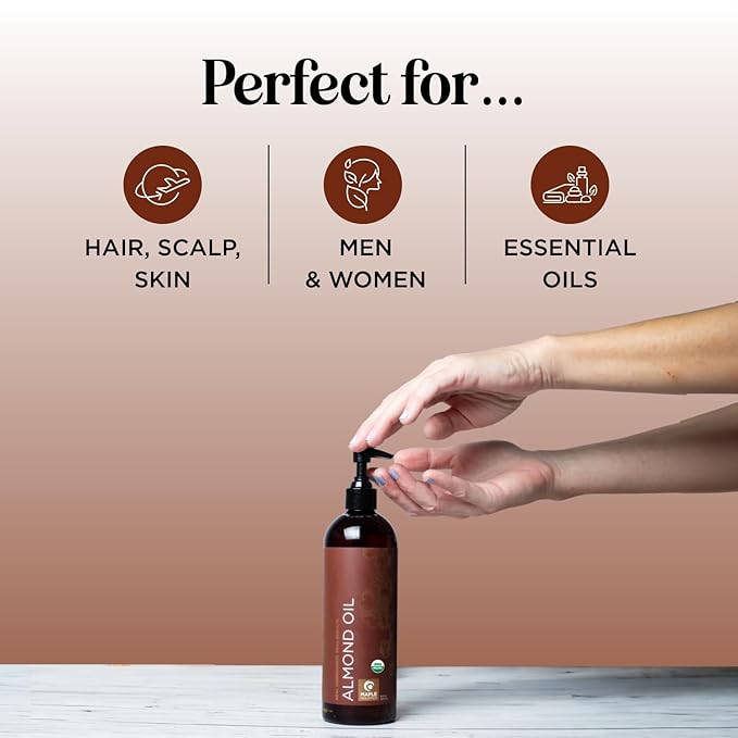 USDA Organic Sweet Almond Oil - Pure Cold Pressed Organic Almond Oil for Skin Hair and Nails - Moisturizing Organic Body Oil for Women and Men plus Carrier Oil for Essential Oils Mixing 16oz