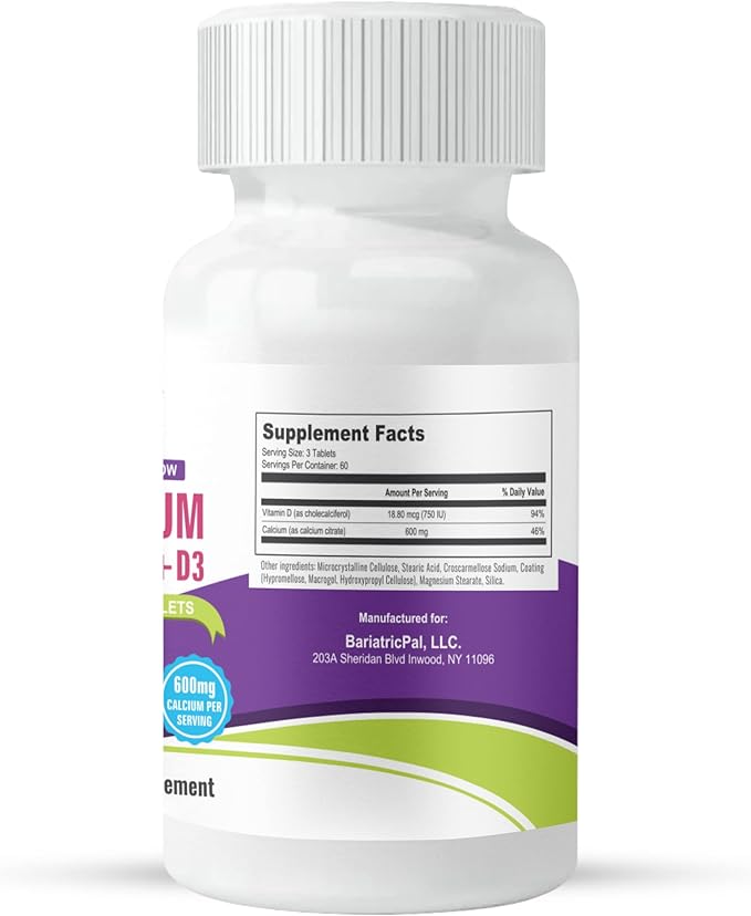 BariatricPal Easy Swallow Calcium Citrate (600mg) and D3 Coated Tablets (180-Day Supply)