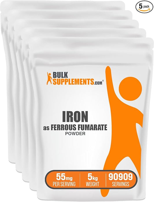BulkSupplements.com Ferrous Fumarate Powder - Essential Mineral, Iron Supplement for Men and Women - Gluten Free, 55mg per Serving, 1kg (2.2 lbs) (Pack of 5)