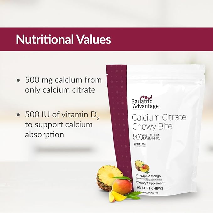 Bariatric Advantage Calcium Citrate Chewy Bites 500 mg - Highly Absorbable & Digestible - Vitamin D3 - Easily Chewable Calcium Supplement - Pineapple Mango - 90 Count