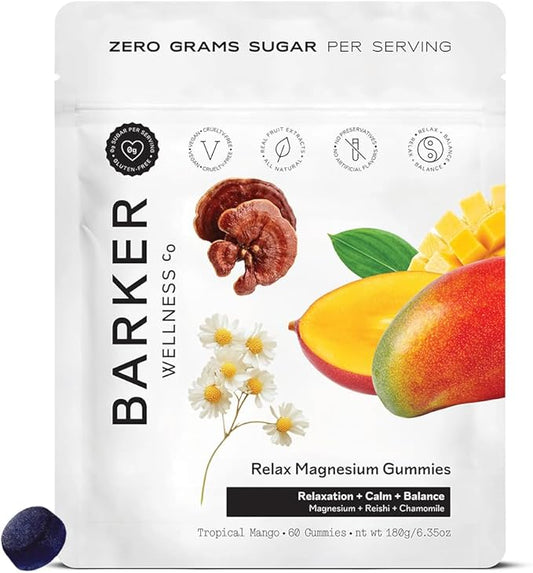 Barker Wellness Relax Magnesium Gummies | Stress Relief, Muscle Tension & Relaxation | Reishi Mushroom & Chamomile | Vegan, Sugar-Free | Tropical Mango | 60 Gummies