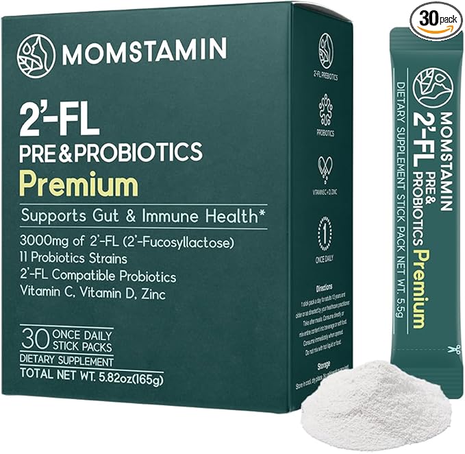 MOMSTAMIN Premium 3,000mg Human Milk Oligosaccharide (HMO 2'-FL) Prebiotic Probiotic Powder Supplement for Immunity Digestion Metabolism Gut Health, Clinically Researched (30 Sticks, 1 Month)