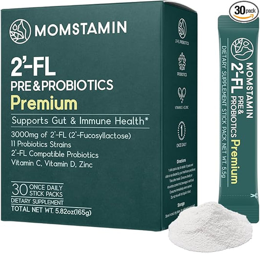 MOMSTAMIN Premium 3,000mg Human Milk Oligosaccharide (HMO 2'-FL) Prebiotic Probiotic Powder Supplement for Immunity Digestion Metabolism Gut Health, Clinically Researched (30 Sticks, 1 Month)