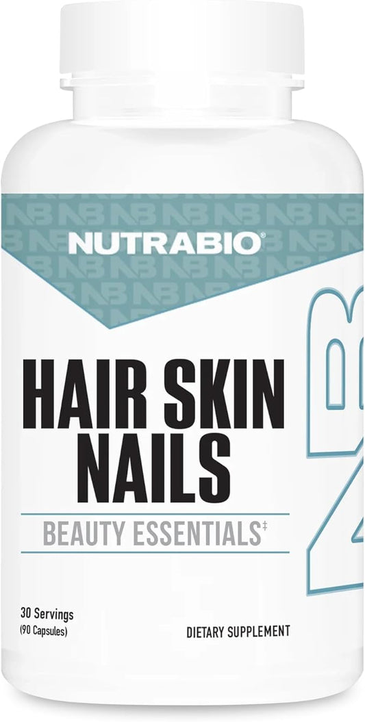 NutraBio Hair Skin Nails Vitamins| Enhanced Collagen Support | Skin Hydration | for Men & Women with Biotin, Keratin, Hyaluronic Acid & More- 90 Capsules