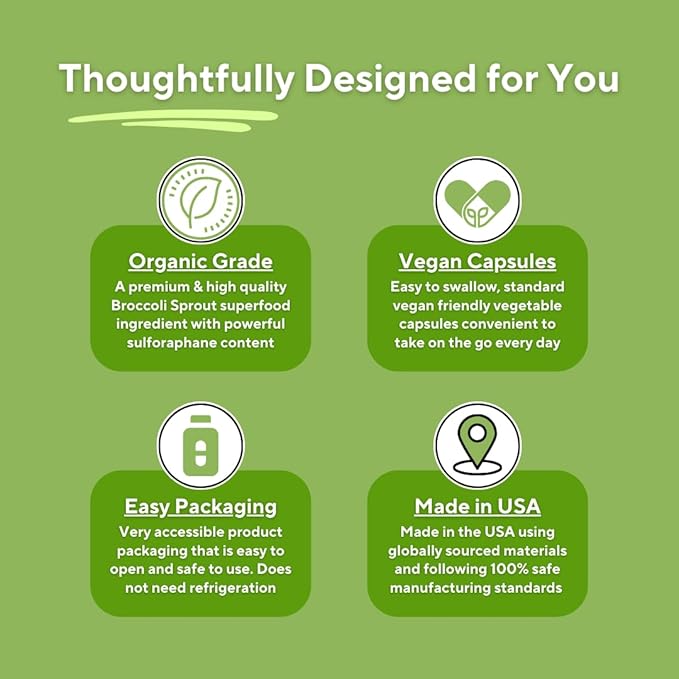 Organic Broccoli Sprout & Broccoli Extract for Sulforaphane, Antioxidant, Brain, Skin, Heart Health Support - 120 Veggie Capsules - Non-GMO, Gluten-Free, Vegan-Friendly Supplement