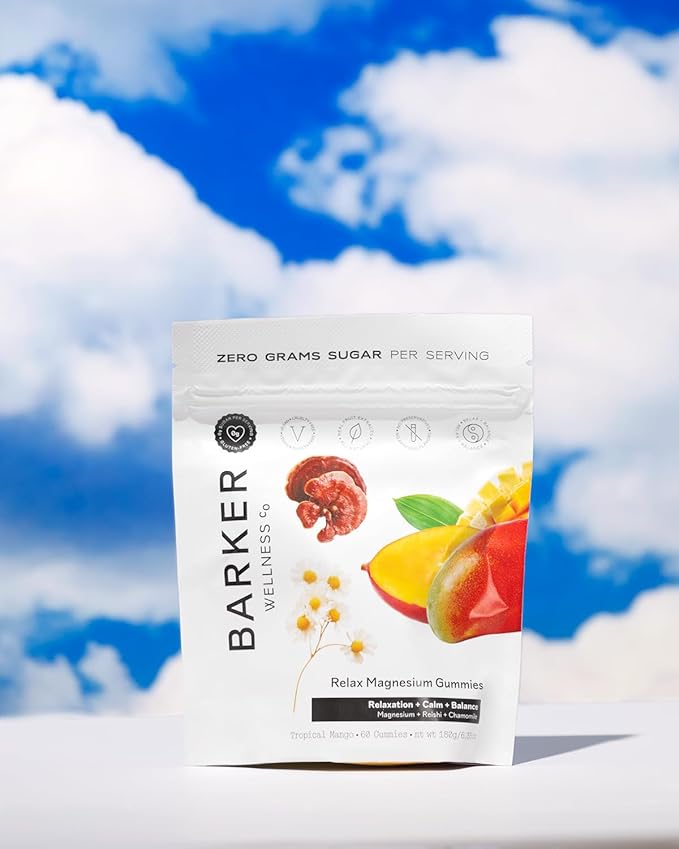 Barker Wellness Relax Magnesium Gummies | Stress Relief, Muscle Tension & Relaxation | Reishi Mushroom & Chamomile | Vegan, Sugar-Free | Tropical Mango | 60 Gummies