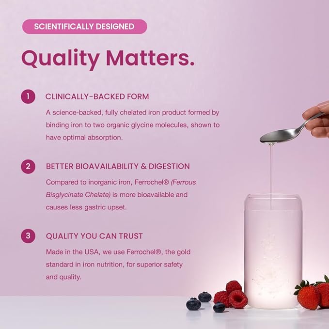 Organic Liquid Iron Supplement for Women, Men & Kids with Vitamin C | Sugar Free Natural Berry Flavor Non Constipating Vegan Ferrochel® Iron Supplements for Healthy Blood, Prenatal & Postnatal