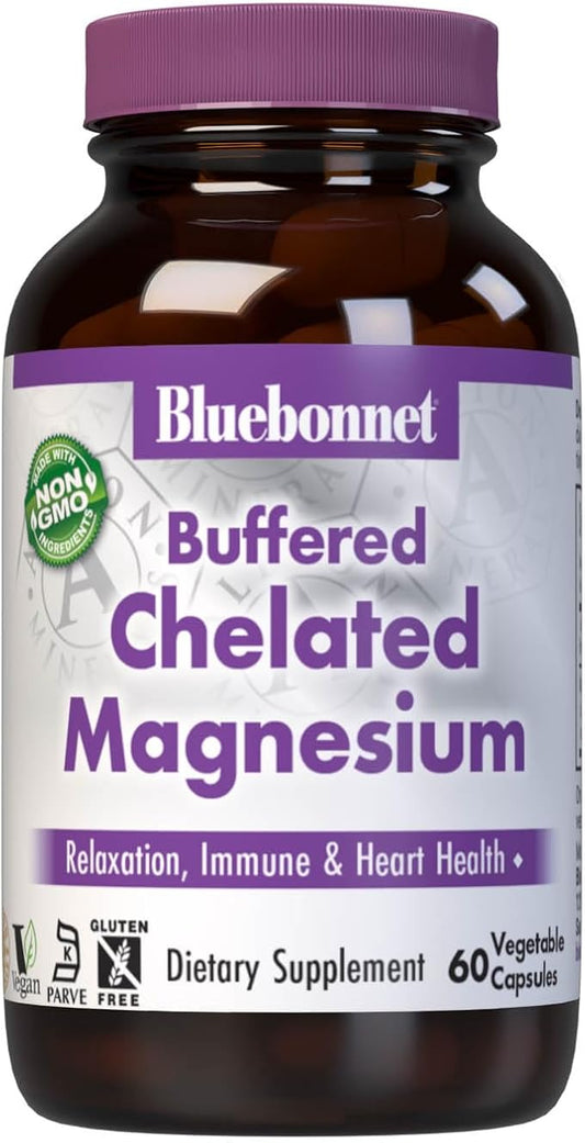 Bluebonnet Nutrition Albion Buffered Chelated Magnesium 200 mg, Magnesium Oxide, Stress Relief, Vegan, Non GMO, Gluten Free, Soy Free, Milk Free, Kosher, 60 Vegetable Capsules, 1 Month Supply