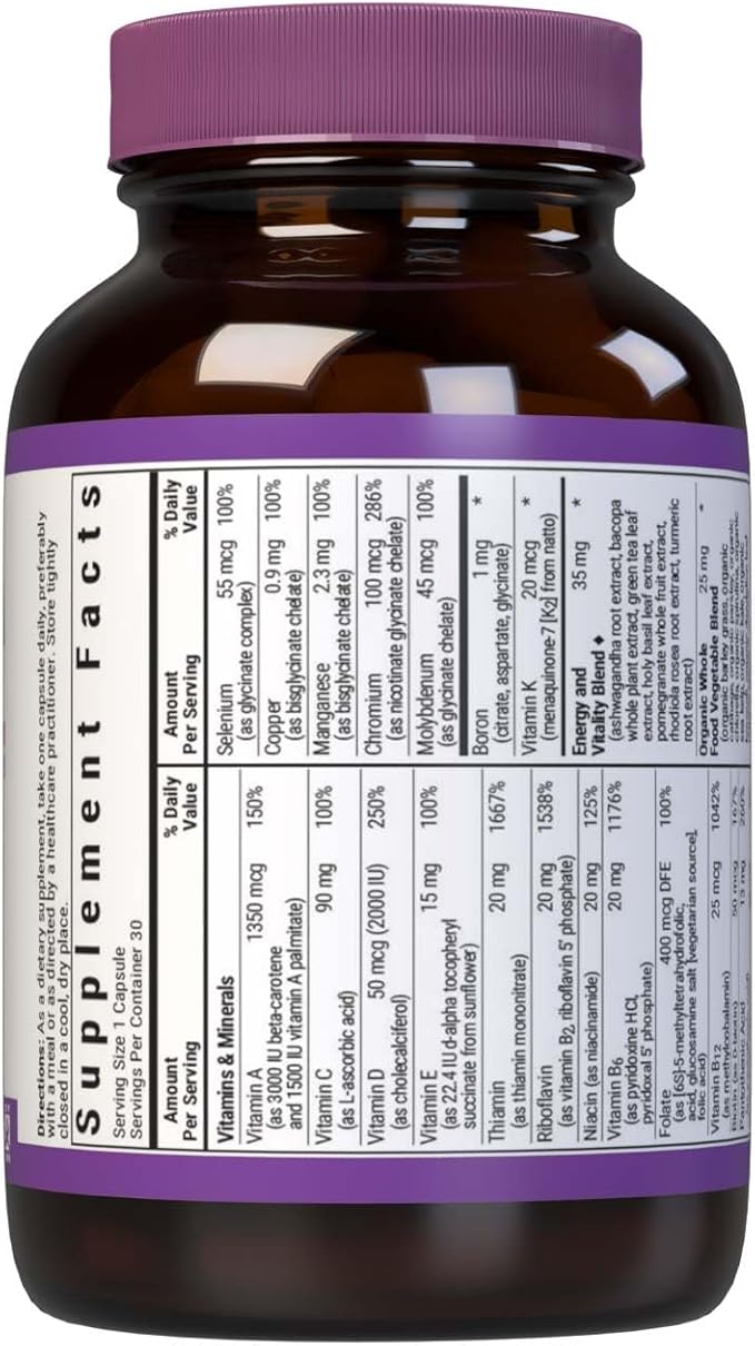 Bluebonnet Nutrition Maxi One Whole Food Multiple, Enzymes, Energy, Vitality, Gluten, Kosher, Soy & Dairy-Free, Vegetarian Friendly, Non-GMO, 30 Count