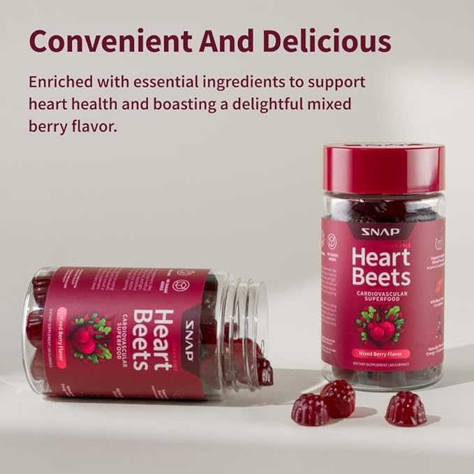 Snap Supplements Heart Beets Organic Beet Root Gummies, Cardiovascular Support Supplement for Men & Women, Pomegranate, Red Spinach, Heart Health & Circulation Support, Sugar Free, Cherry, 60 Gummies