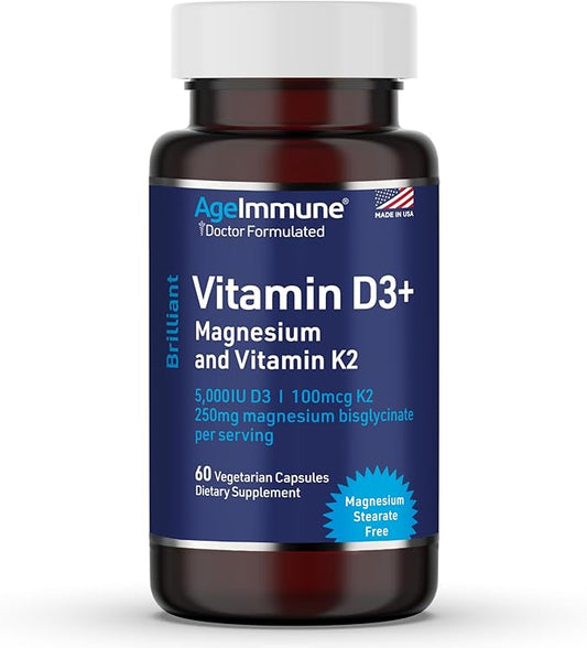 Brilliant D3+ Complex - 60 Capsules - 5000 IU Vitamin D3 + K2 + Magnesium Glycinate Supplement - Doctor Formulated for Immune & Bone Support - No Stearates, No Dioxides