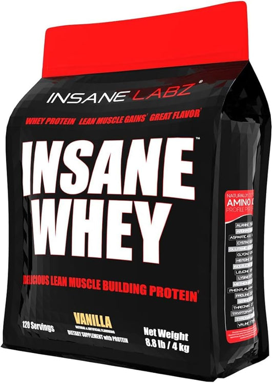 Insane Labz Insane Whey,100% Muscle Building Whey Protein, BCAA Amino Profile, Mass Gainer, Meal Replacement (Vanilla, 120 Servings)