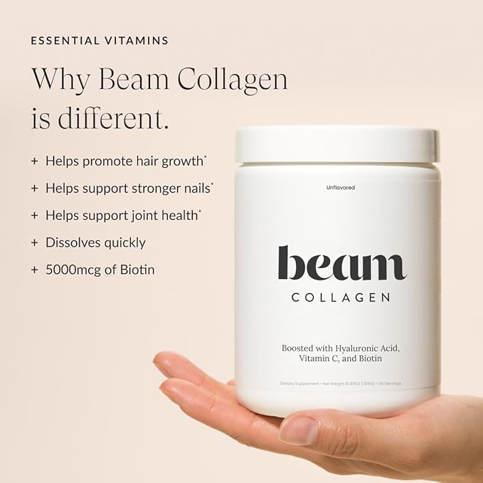 Beam Collagen Powder, Collagen for Women, Collagen with Hyaluronic Acid, Collagen Peptides Type 1 and 3, with Biotin, Grass Fed Bovine, Third-Party Tested, Best for Coffee, Vitamin C, 15 Servings