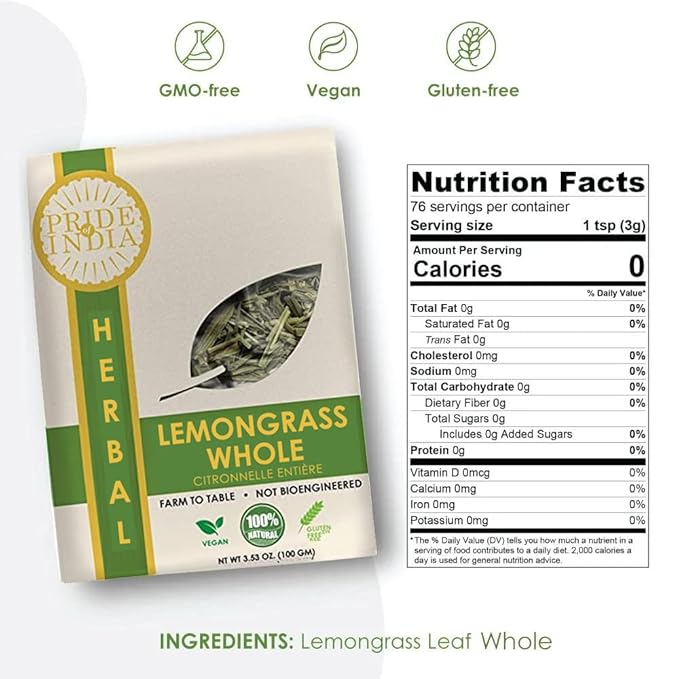 Pride Of India - Natural Dry Indian Lemongrass Herb, 3.53oz (100gm) Full Leaf - Certified and Authentic Indian Herb - Perfect for Cooking, Soups, Salads, Marinades 50+ Servings