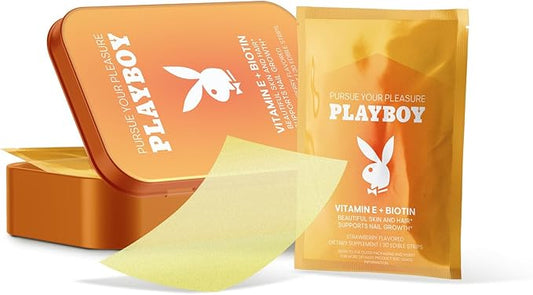 Playboy - Vitamin E + Biotin Oral Strips Supplement (30 Edible Strips) Fast Dissolving Skin, Hair & Nail Growth Supplement with Folic Acid - Strawberry Flavored Beauty Supplements for Women & Men